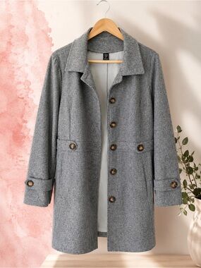 SHEIN Grey Wool-Blend Button Front Pea Coat